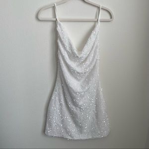 White Sequin Cowl Neck Dress